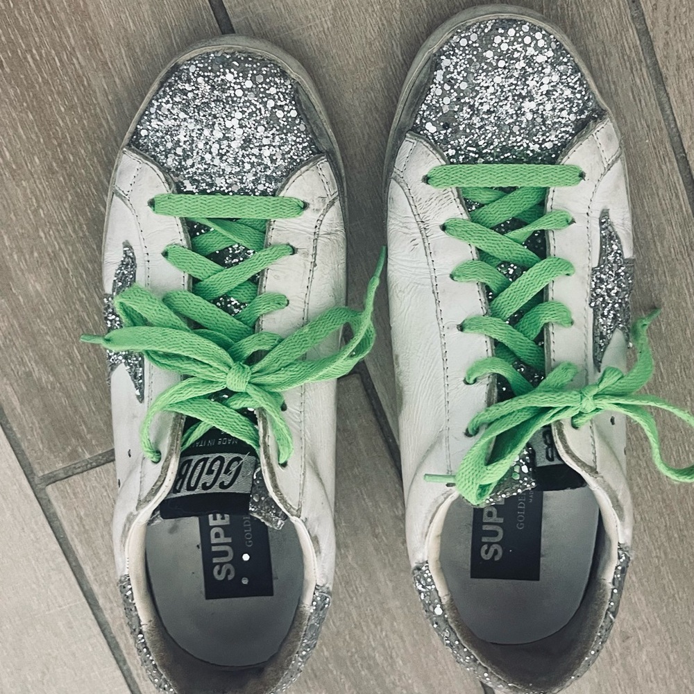 Golden Goose Silver and Green Sparkle Sneakers - Picture 5 of 7